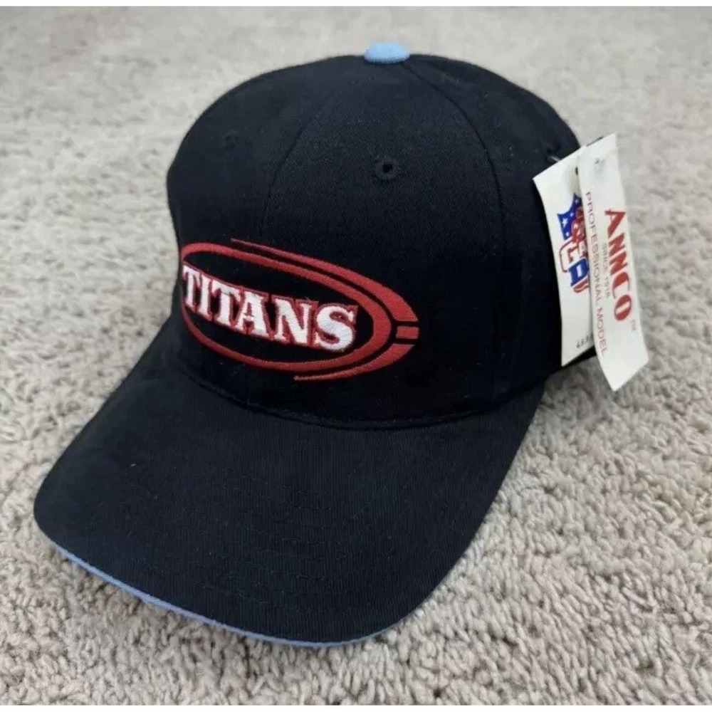 Tennessee Titans Hat Annco Black Strapback Red Circled Spellout Vtg NFL Cap NOS*